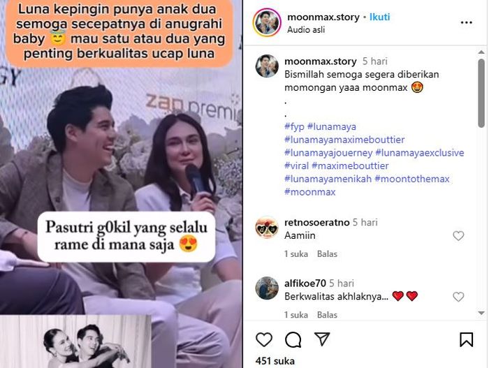 Luna Maya dan Maxime Bouttier akui ingin punya anak kembar.