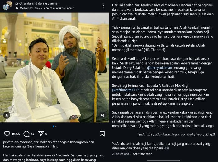 Dalam perjalanan hajinya, Prio tidak sendiri. Ia turut didampingi oleh Ustaz Derry Sulaiman