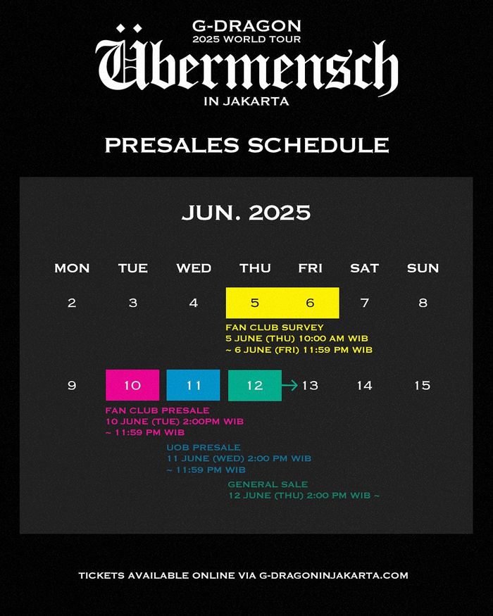 Jadwal penjualan tiket konser G-Dragon di Jakarta.