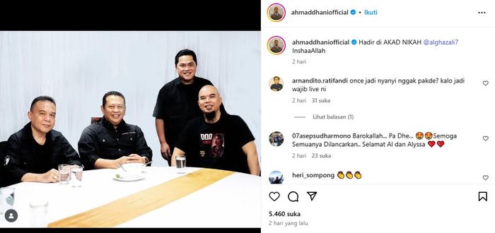 Ahmad Dhani bocorkan pejabat yang akan hadir di pernikahan Al Ghazali dan Alyssa Daguise.