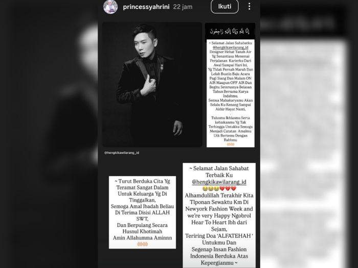 Syahrini merasakan duka mendalam usai meninggalnya desainer Hengki Kawilarang.