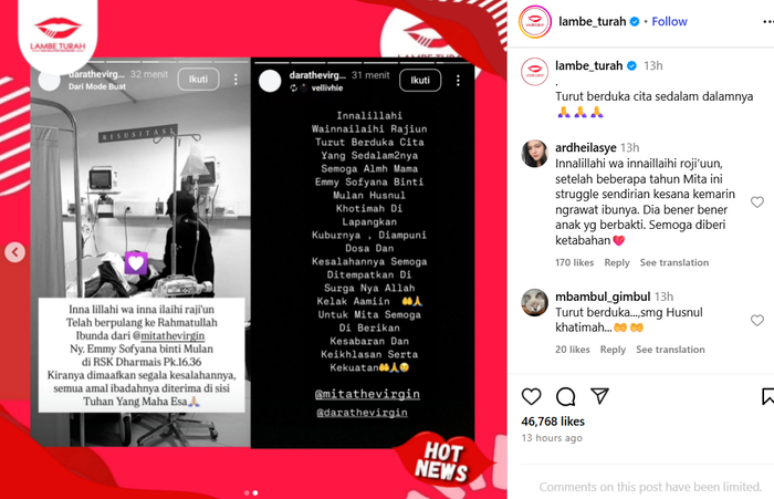 Ibunda Mita The Virgin meninggal dunia