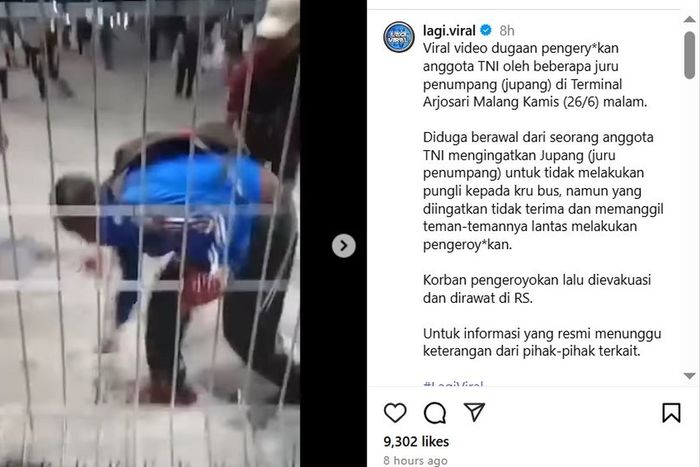 Kronologi Anggota TNI AL dikeroyok di Terminal Arjosari Malang.