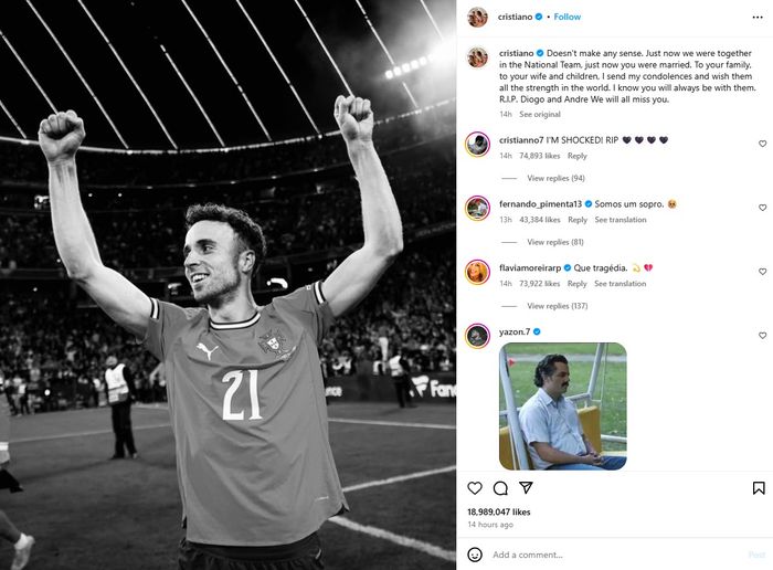 Cristiano Ronaldo turut berduka usai kepergian Diogo Jota.