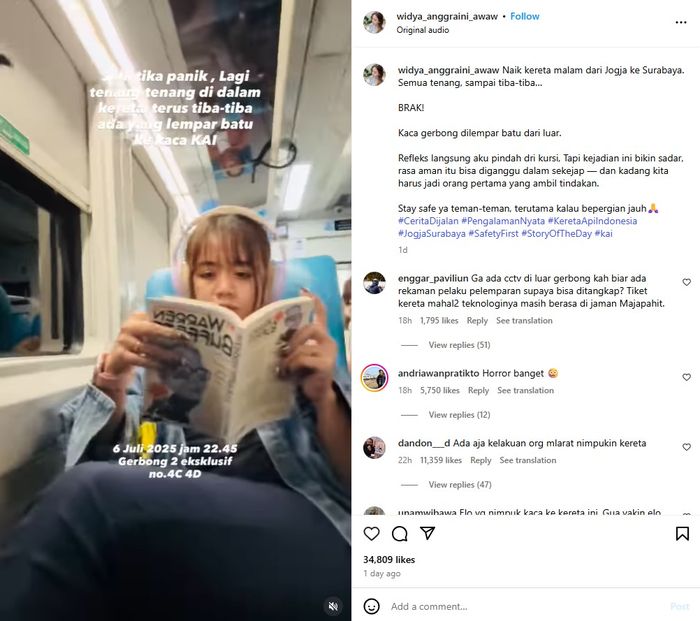 Penumpang KAI jadi korban pelemparan batu dari jendela.