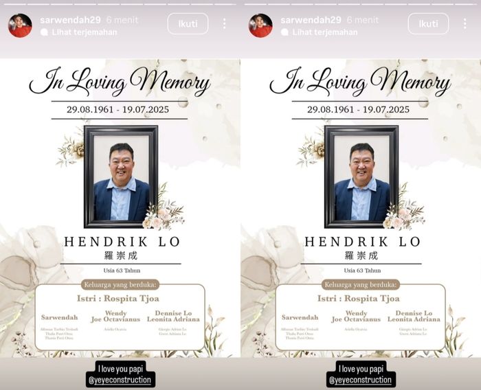 Ayah Sarwendah meninggal dunia.