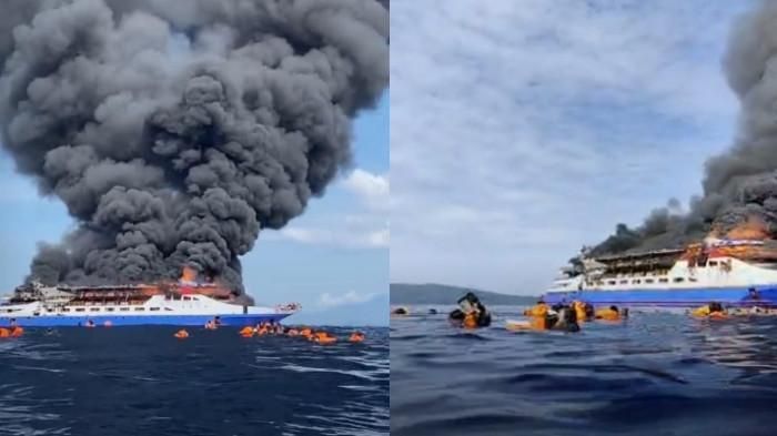 Kapal Barcelona VA terbakar di perairan Talise, momen haru pria selamatkan balita di tengah laut jadi sorotan.