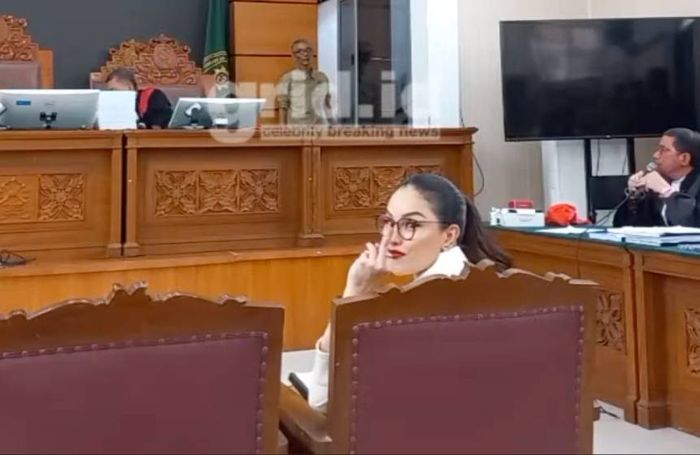 Nikita Mirzani acungkan jari tengah ke arah bangku pengunjung di Pengadilan Negeri Jakarta Selatan, Kamis (24/7/2025).