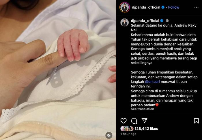 DJ Panda mengucapkan selamat atas kelahiran putranya, Andrew Raxy Neil.
