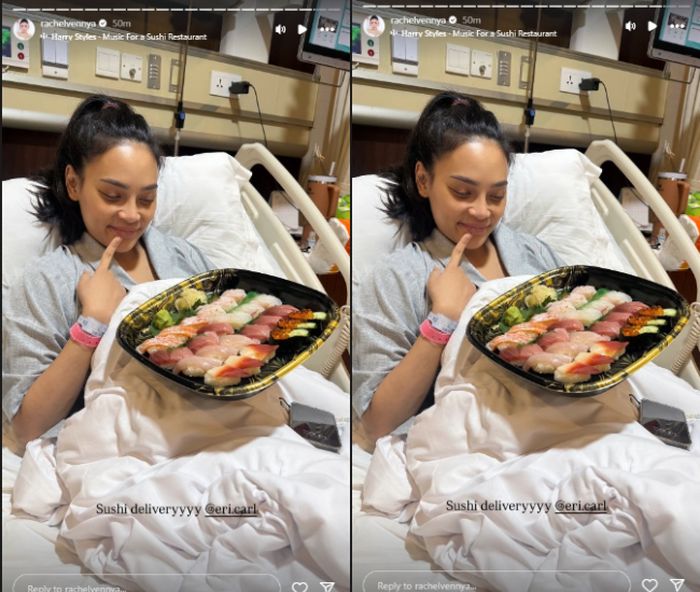 Erika Carlina makan sushi sehabis melahirkan.