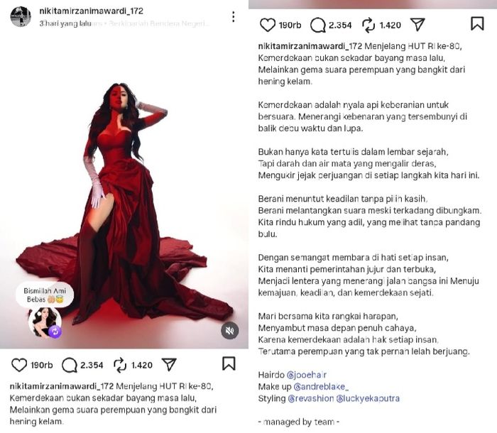 Unggahan Instagram Nikita Mirzani soal HUT ke-80 RI.