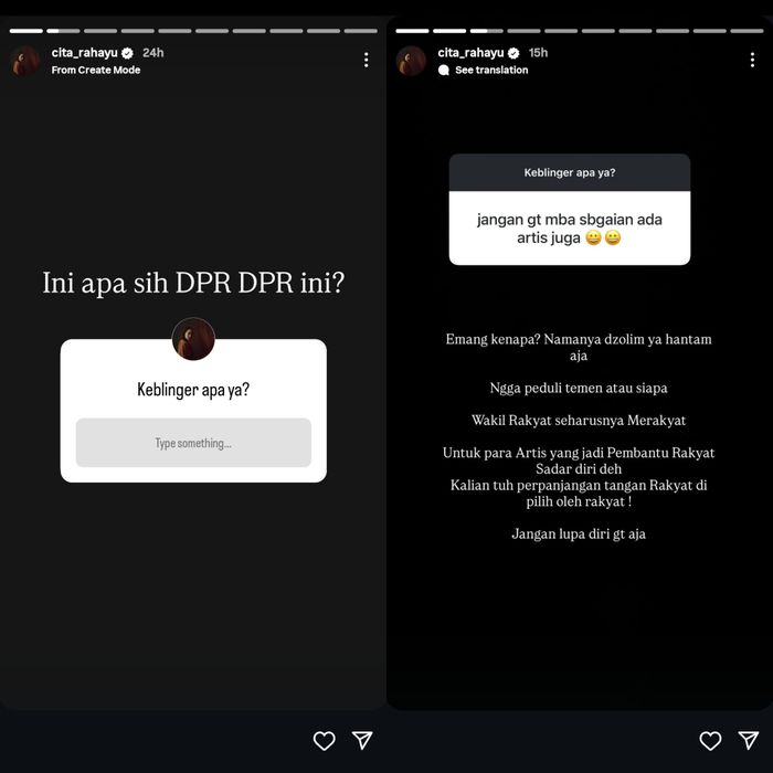 Cita Rahayu melontarkan sindiran pedas lewat unggahan Instagram Story terkait kinerja anggota DPR RI.