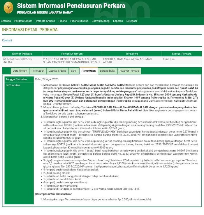 Fachri Albar dituntut 6 bulan rehabilitasi atas kasus narkoba.