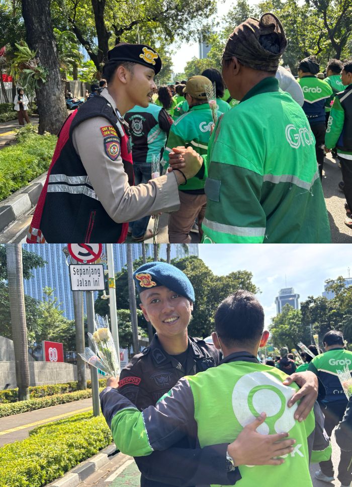 Momen aksi damai ojol di kawasan Monas, Jakarta Pusat, Selasa (2/9/2025). 