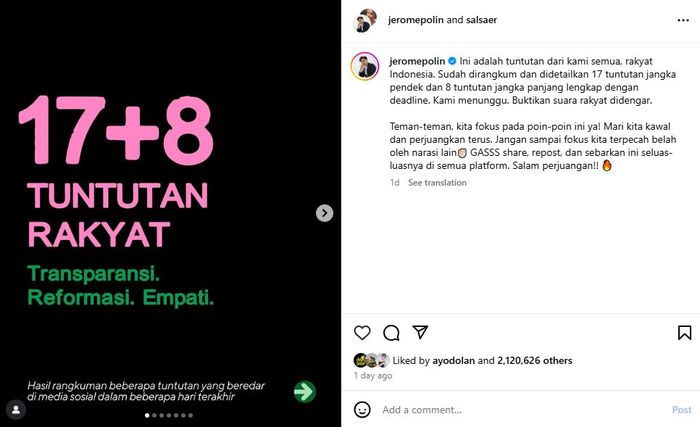 Jerome Polin cs suarakan 17+8 Tuntutan Rakyat