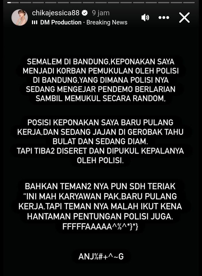 Chika Jessica ungkap kronologi keponakannya jadi korban salah pukul saat demo.