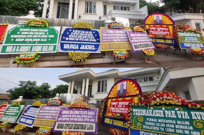 Karangan bunga memenuhi rumah Uya Kuya di kawasan Duren Sawit, Jakarta Timur, Minggu (7/9/2025)