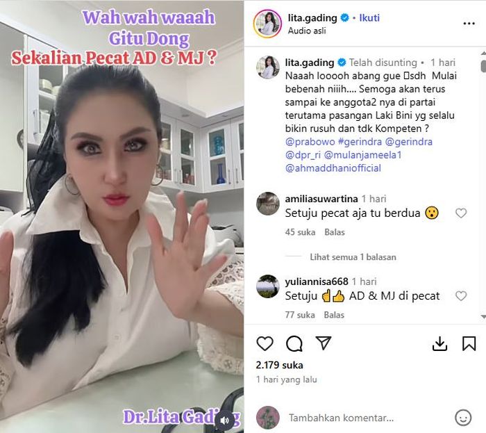 Lita Gading minta Prabowo lakukan reshuffle di DPR, sang psikolog minta Ahmad Dhani dan Mulan Jameela diganti lantaran hal ini!