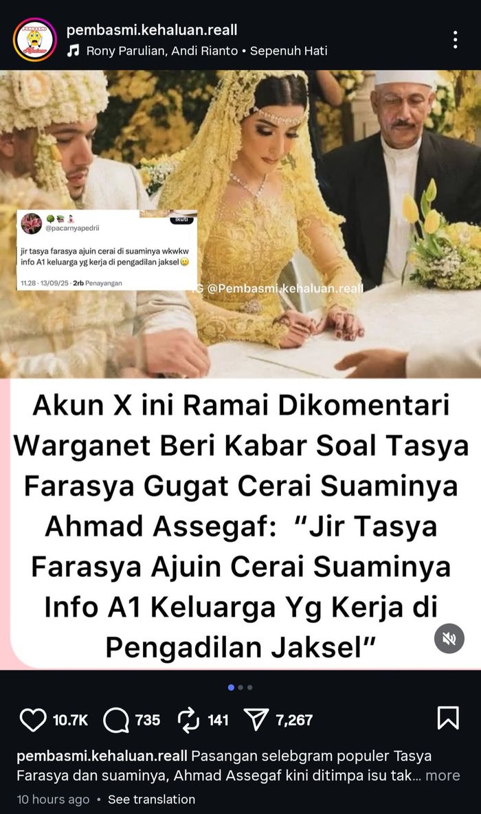 Heboh kabar Tasya Farasya gugat cerai suami.