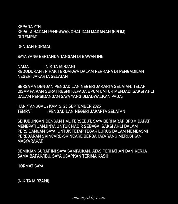 Nikita Mirzani buat surat terbuka untuk BPOM