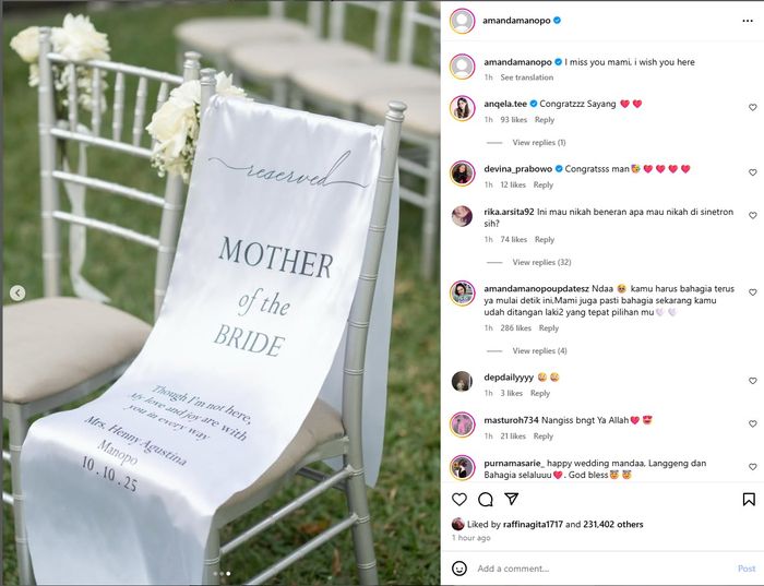 Amanda Manopo sediakan kursi kosong untuk mendiang ibu di hari pernikahan.