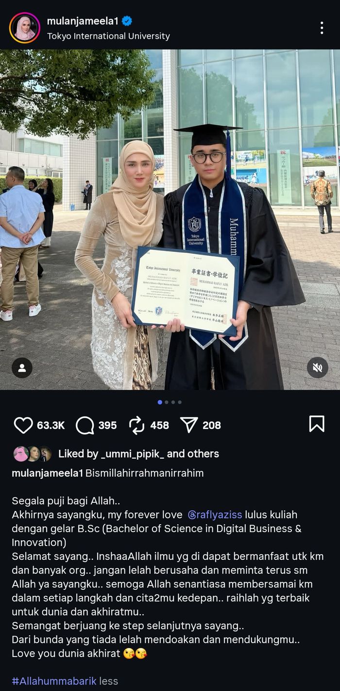 Anak Mulan Jameela lulus dari Universitas Internasional Tokyo
