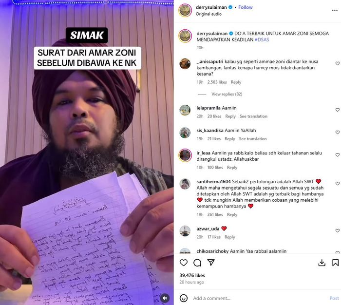 Terkuak isi surat terakhir Ammar Zoni sebelum dikirim ke Nusakambangan, ungkap hal mengejutkan ini pada Ustaz Derry Sulaiman. 