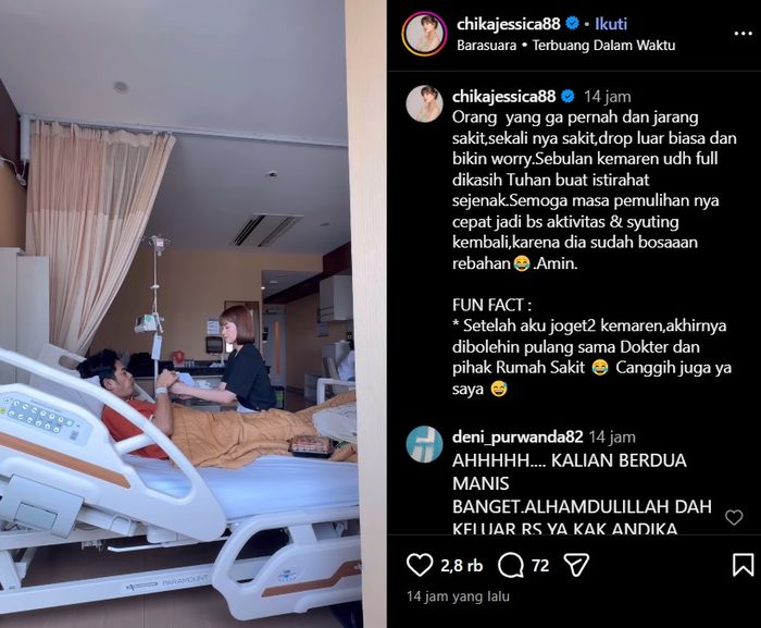 Chika Jessica rawat Dwi Andhika yang tengah terbaring di rumah sakit.