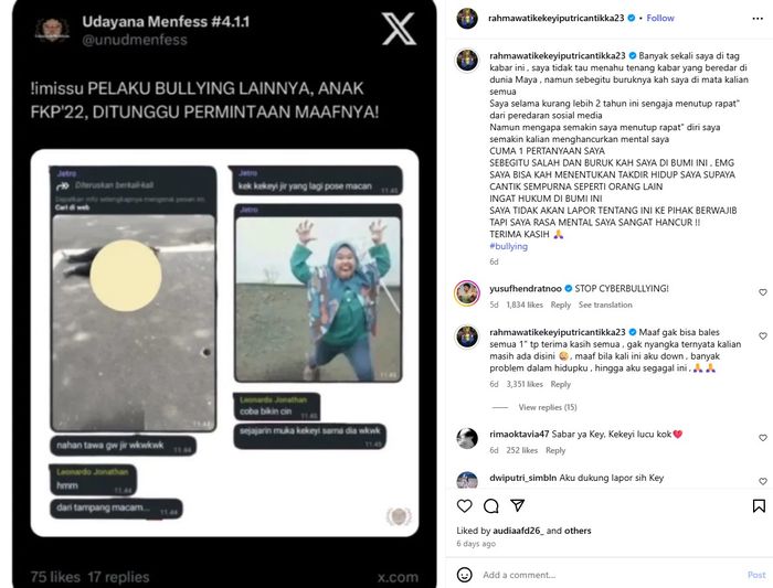 Kekeyi buka suara melalui unggahan Instagram-nya.