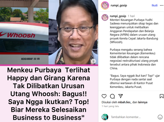 Menkeu Purbaya bahagia tak dilibatkan dalam utang Whoosh