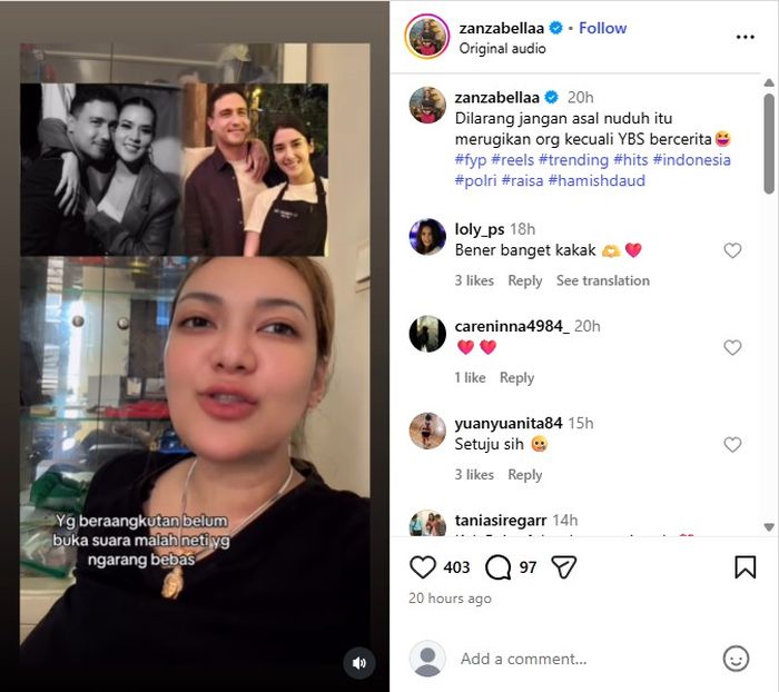 Zanzabella buka suara soal dirinya yang dituding mendukung Sabrina Alatas.