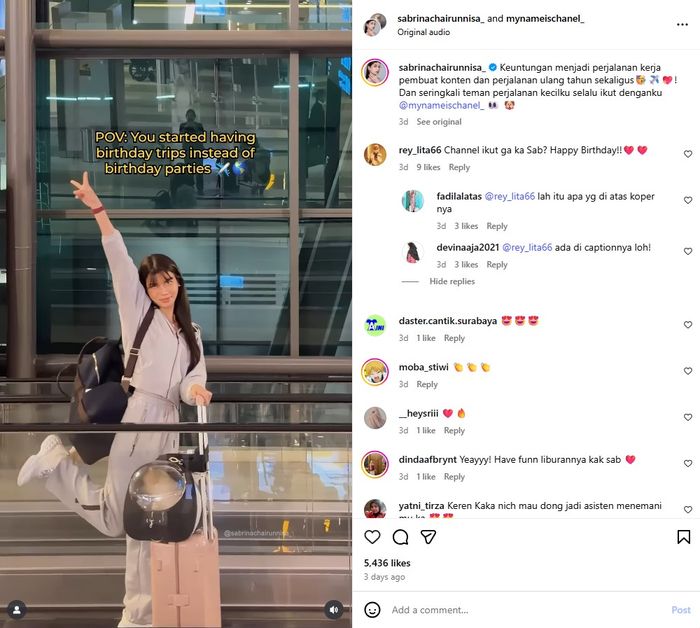 Sabrina Chairunnisa pergi traveling bersama Chanel, anjing kesayangannya.