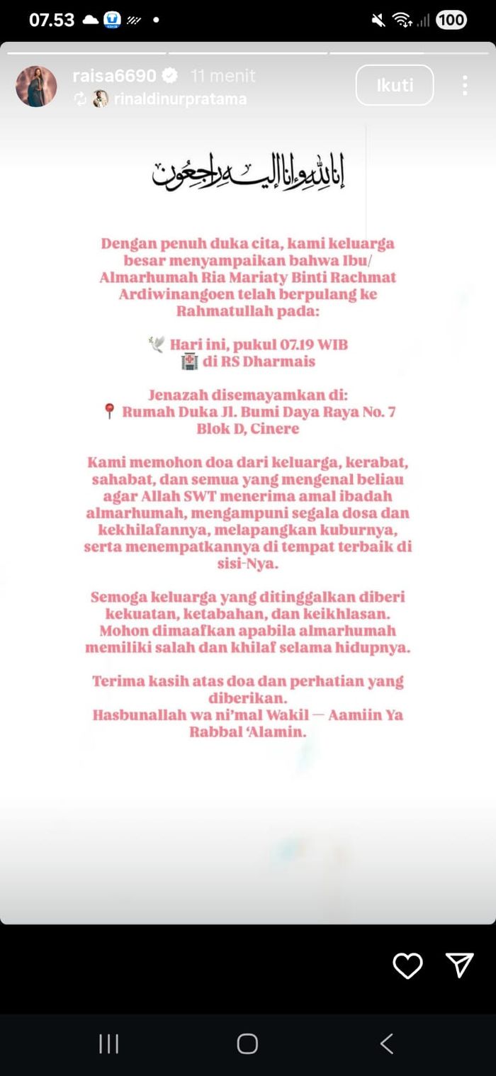 Ibunda Raisa meninggal dunia