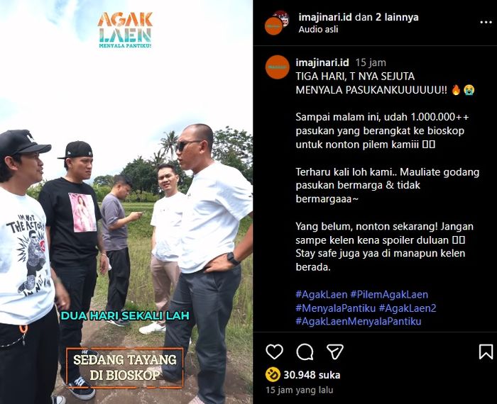 Film Agak Laen 2: Menyala Pantiku!&nbsp;berhasil menembus satu juta penonton hanya dalam 3 hari penayangan di bioskop.