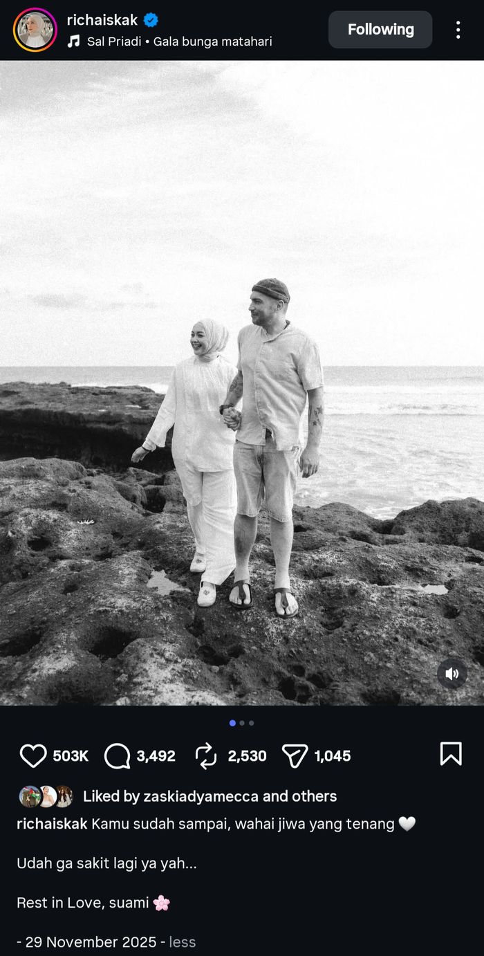 Pesan menyentuh Richa Novisha untuk sang suami, Gary Iskak yang meninggal dunia, Sabtu (29/11/2025).