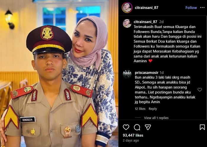 Citra Insani ungkap rasa bangga dan terima kasih kepada pengikutnya atas dilantiknya sang anak, Gonzalo Al Ghazali jadi Taruna Akpol.
