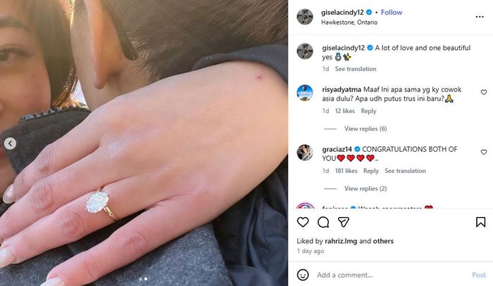 Gisela Cindy membagikan momen yang menunjukkan bahwa dirinya dilamar oleh sang kekasih.
