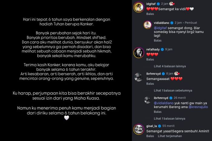 Unggahan Vidi Alviano yang mengucapkan terima kasih untuk kanker.