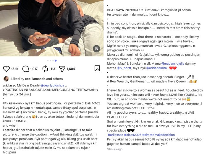 Ari Lasso umumkan perpisahan dengan Dearly Djoshua