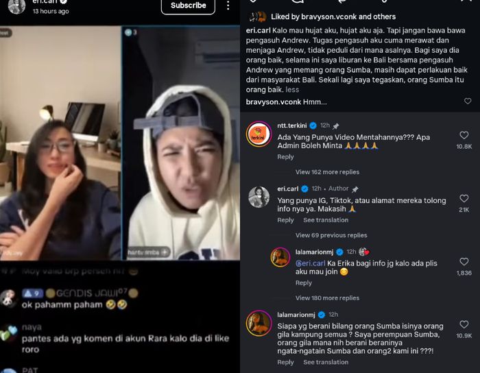 Erika Carlina meluapkan amarahnya di media sosial setelah pengasuh putranya, Andrew, yang berasal dari Sumba diduga menjadi korban ujaran bernada rasis