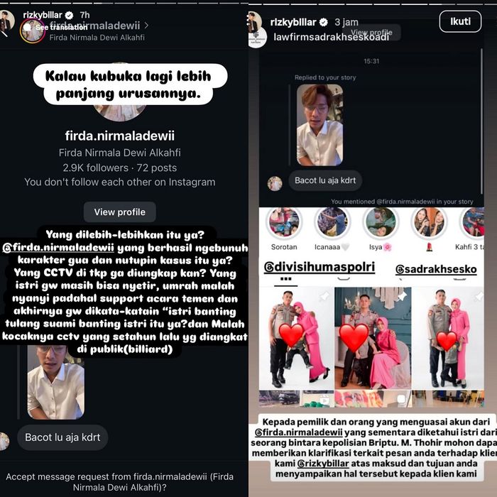 Unggahan Rizky Billar tentang sosok istri polisi yang diduga menghinanya di Instagram.