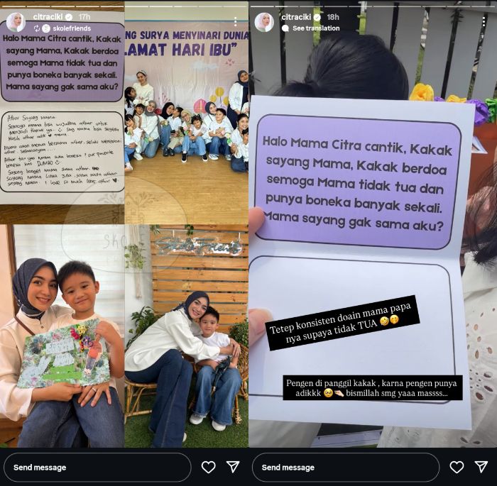 Citra Kirana merayakan Hari Ibu di sekolah putranya, Keene Atharrazka Adhitya alias Athar. Dalam momen spesial tersebut, Citra dapat hadiah surat dari Athar.