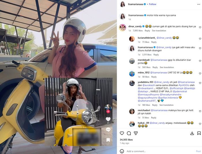 Lisa Mariana mendadak pamer vespa mirip milik Aura Kasih, netizen singgung Ridwan Kamil. 