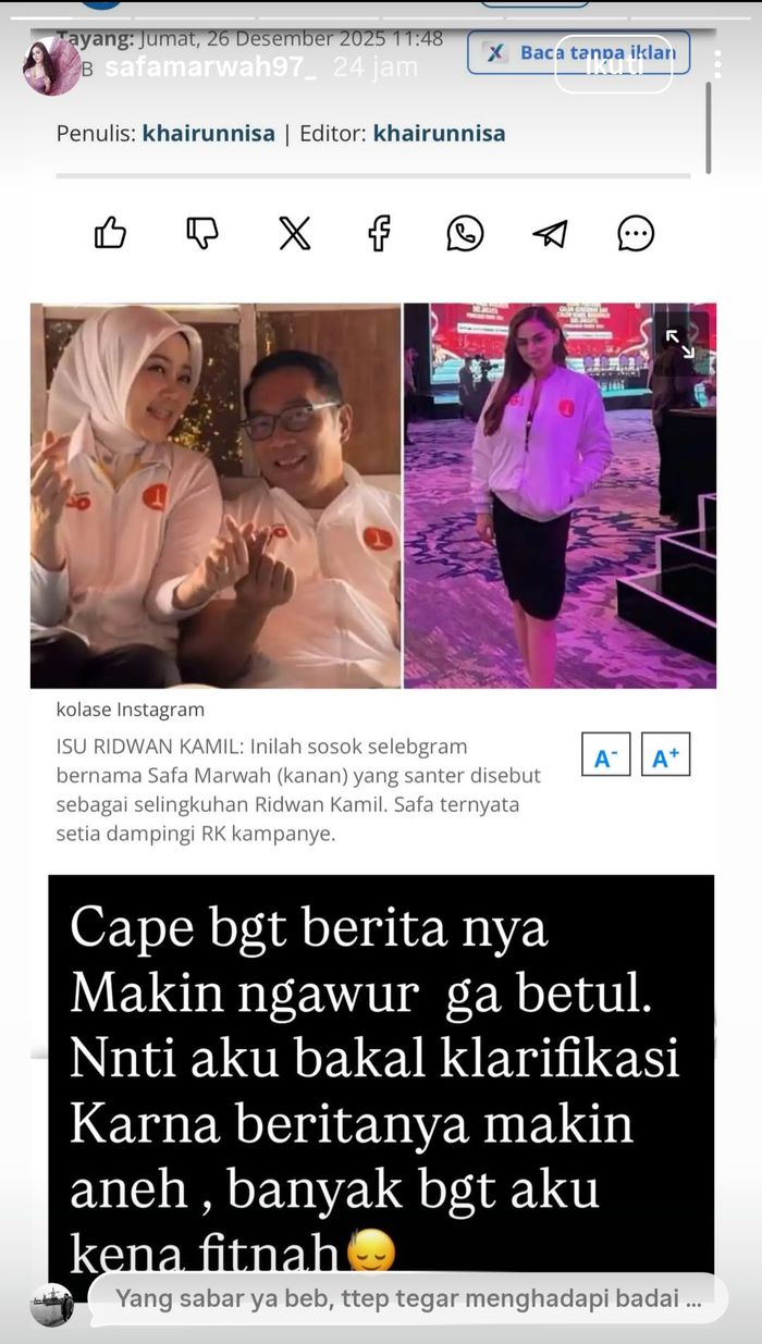 Unggahan Safa Marwah yang menyanggah tudingan perihal hubungam pribadi dengan Ridwan Kamil.