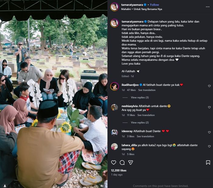 Sang putra telah tiada, Tamara Tyasmara rayakan ulang tahun Dante di makam bersama keluarga dan teman-teman sang anak.