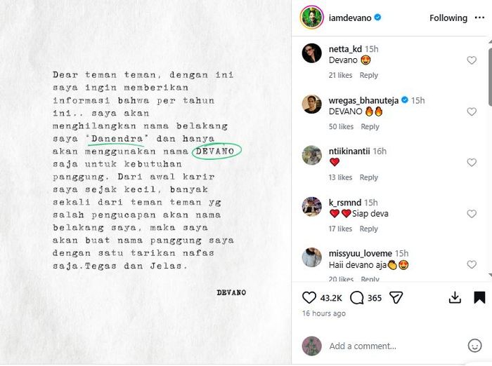 Devano Danendra umumkan hapus nama belakangnya 'Danendra', anak Iis Dahlia blak-blakkan bongkar alasannya.