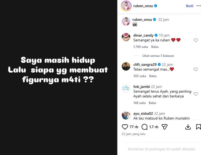 Ruben Onsu sempat mencurahkan isi hatinya lewat media sosialnya.