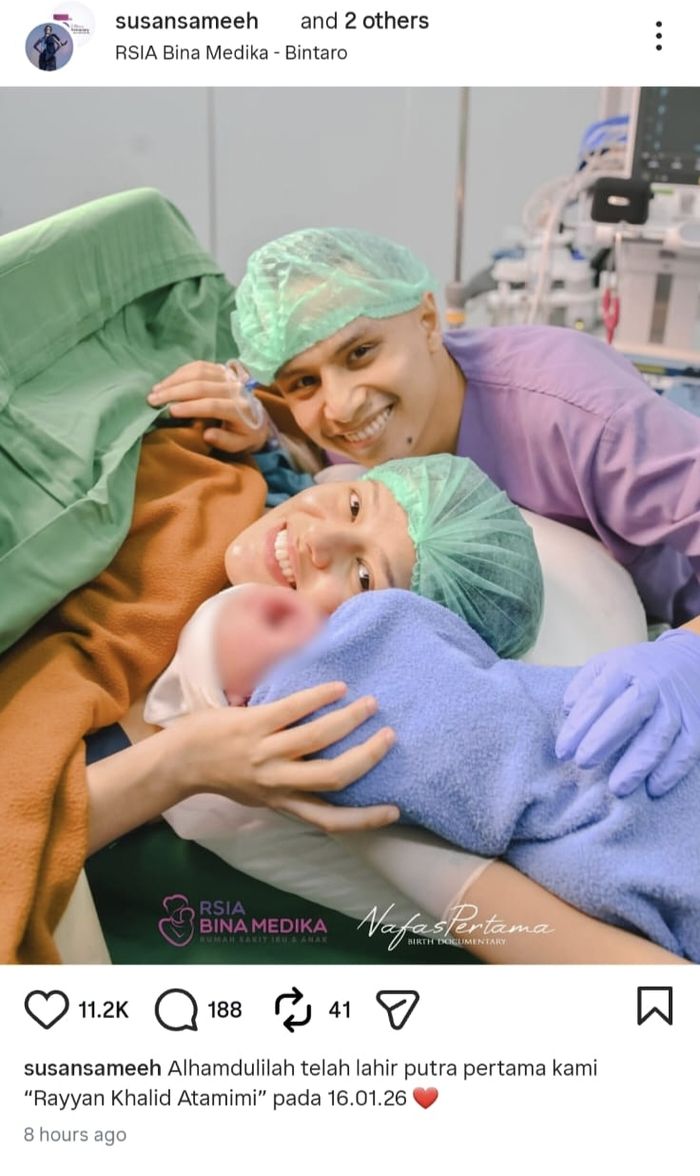 Unggahan Susan Sameh atas kelahiran anak pertama.