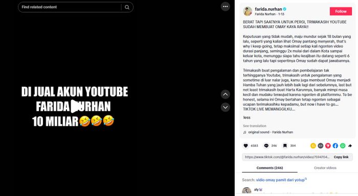 Unggahan TikTok Farida Nurhan.