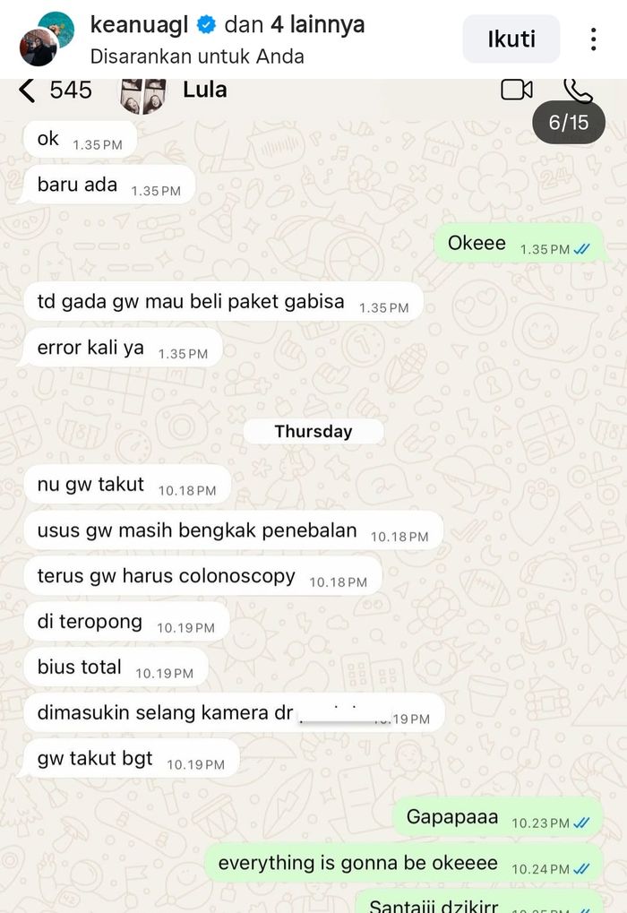 Keanu Agl mengungkap obrolan terakhirnya dengan Lula Lahfah.